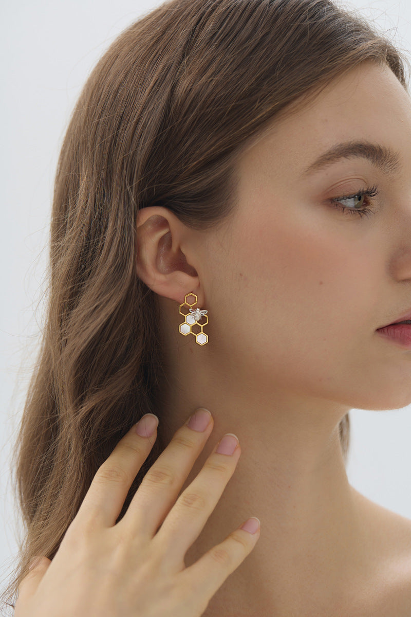 Elegant Bee and Honeycomb Sterling Silver Earrings with White Shell Inlay - Perfect for Birthdays, Anniversaries, and Valentine's Day