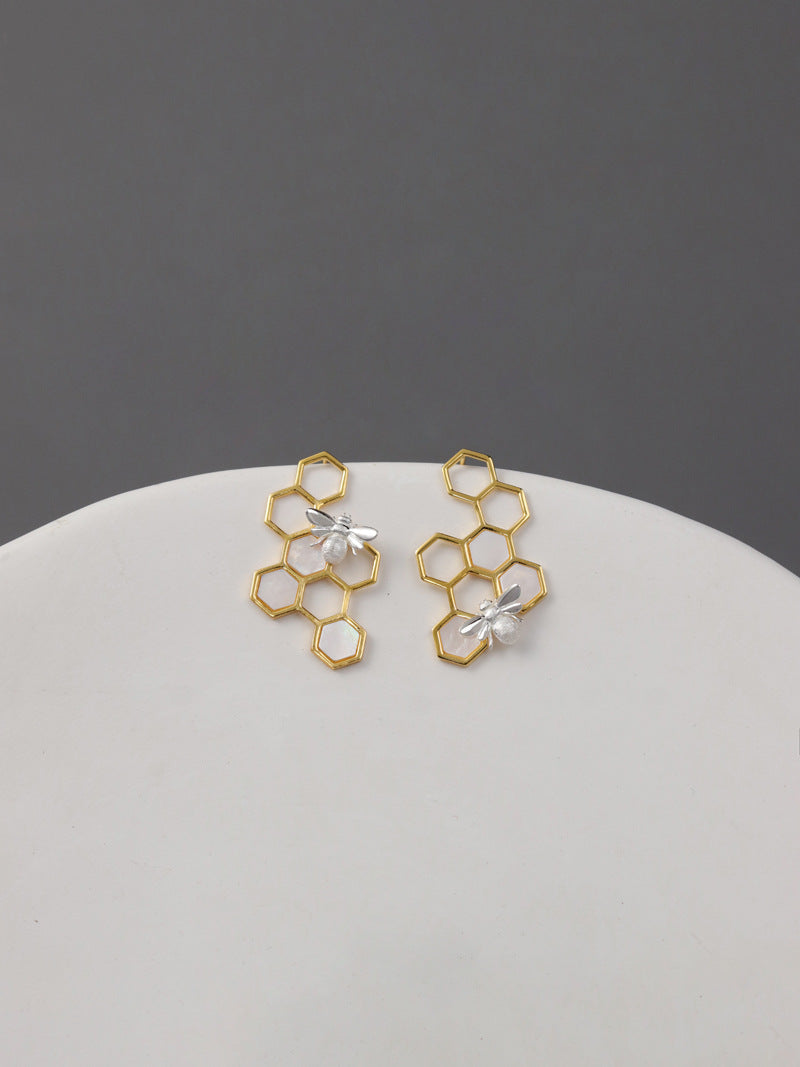 Elegant Bee and Honeycomb Sterling Silver Earrings with White Shell Inlay - Perfect for Birthdays, Anniversaries, and Valentine's Day