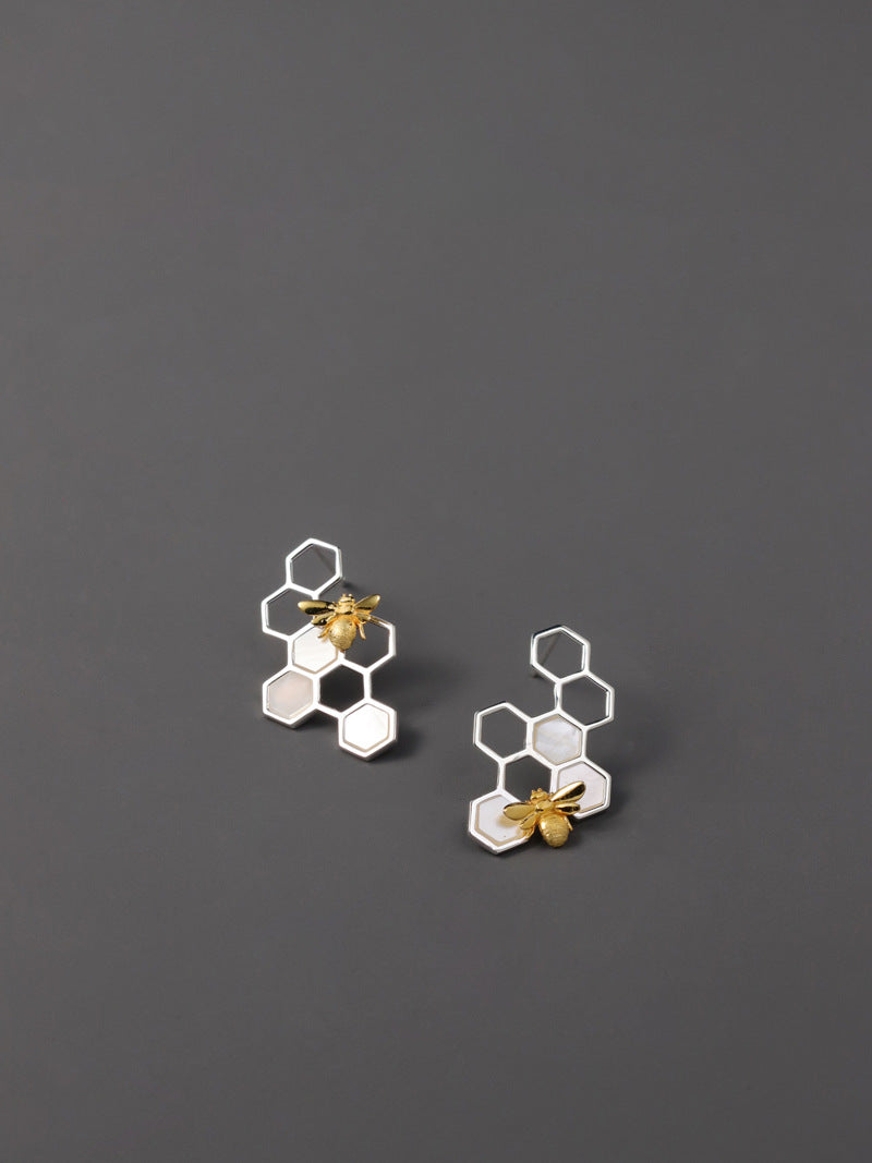 Elegant Bee and Honeycomb Sterling Silver Earrings with White Shell Inlay - Perfect for Birthdays, Anniversaries, and Valentine's Day