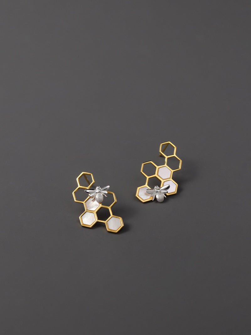 Elegant Bee and Honeycomb Sterling Silver Earrings with White Shell Inlay - Perfect for Birthdays, Anniversaries, and Valentine's Day