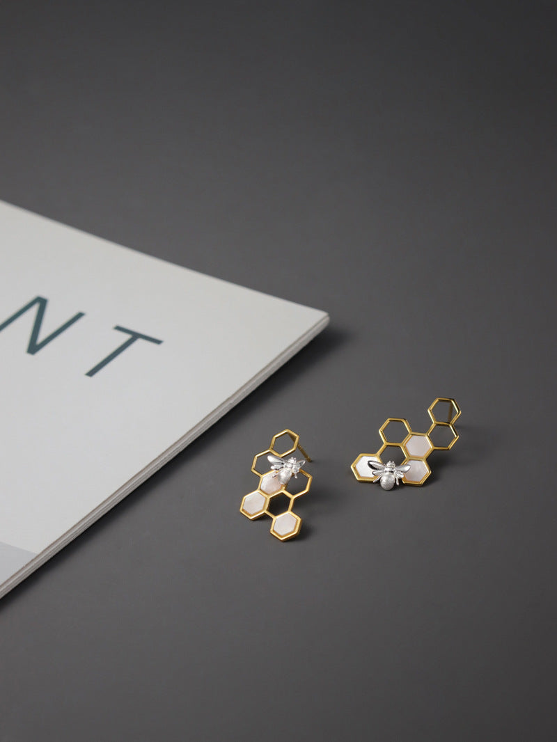 Elegant Bee and Honeycomb Sterling Silver Earrings with White Shell Inlay - Perfect for Birthdays, Anniversaries, and Valentine's Day