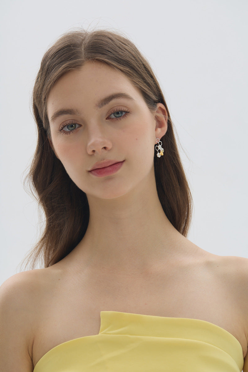 Elegant Bee and Honeycomb Sterling Silver Earrings with White Shell Inlay - Perfect for Birthdays, Anniversaries, and Valentine's Day