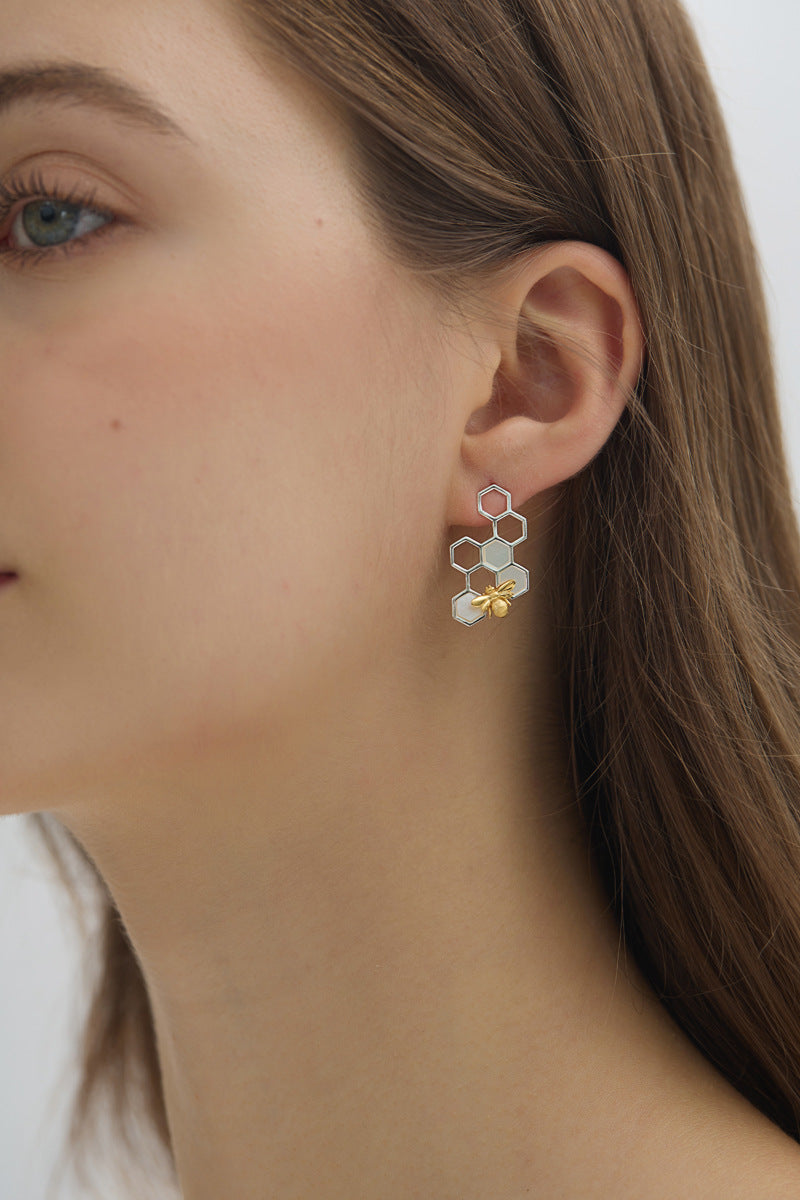 Elegant Bee and Honeycomb Sterling Silver Earrings with White Shell Inlay - Perfect for Birthdays, Anniversaries, and Valentine's Day