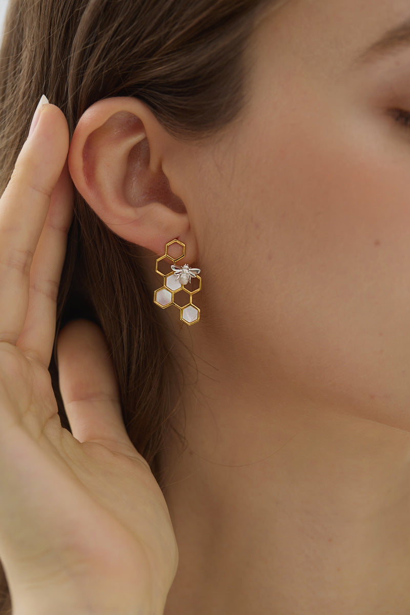 Elegant Bee and Honeycomb Sterling Silver Earrings with White Shell Inlay - Perfect for Birthdays, Anniversaries, and Valentine's Day