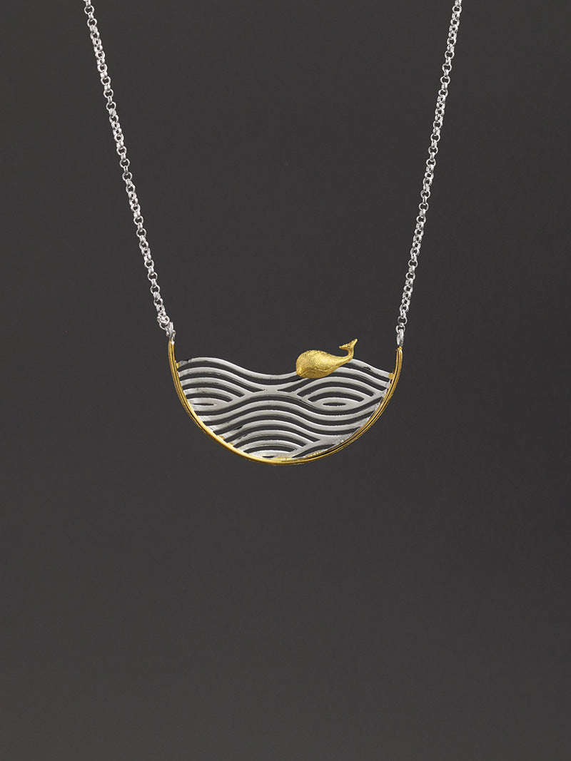 Whale Waves Necklace-Gold Whale Silver Waves Pendant-Swim Whale-Sterling Silver Chain-Summer Statement Jewelry-Gift for her