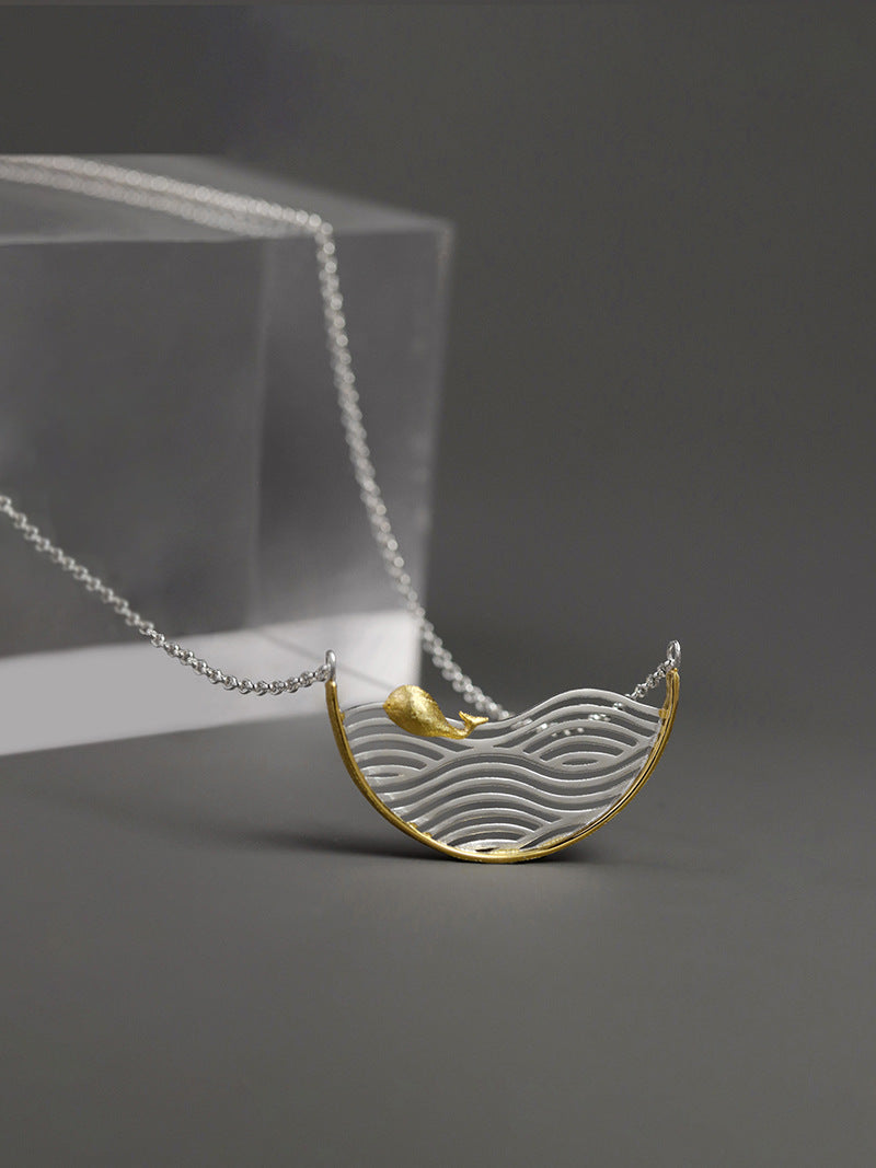 Whale Waves Necklace-Gold Whale Silver Waves Pendant-Swim Whale-Sterling Silver Chain-Summer Statement Jewelry-Gift for her
