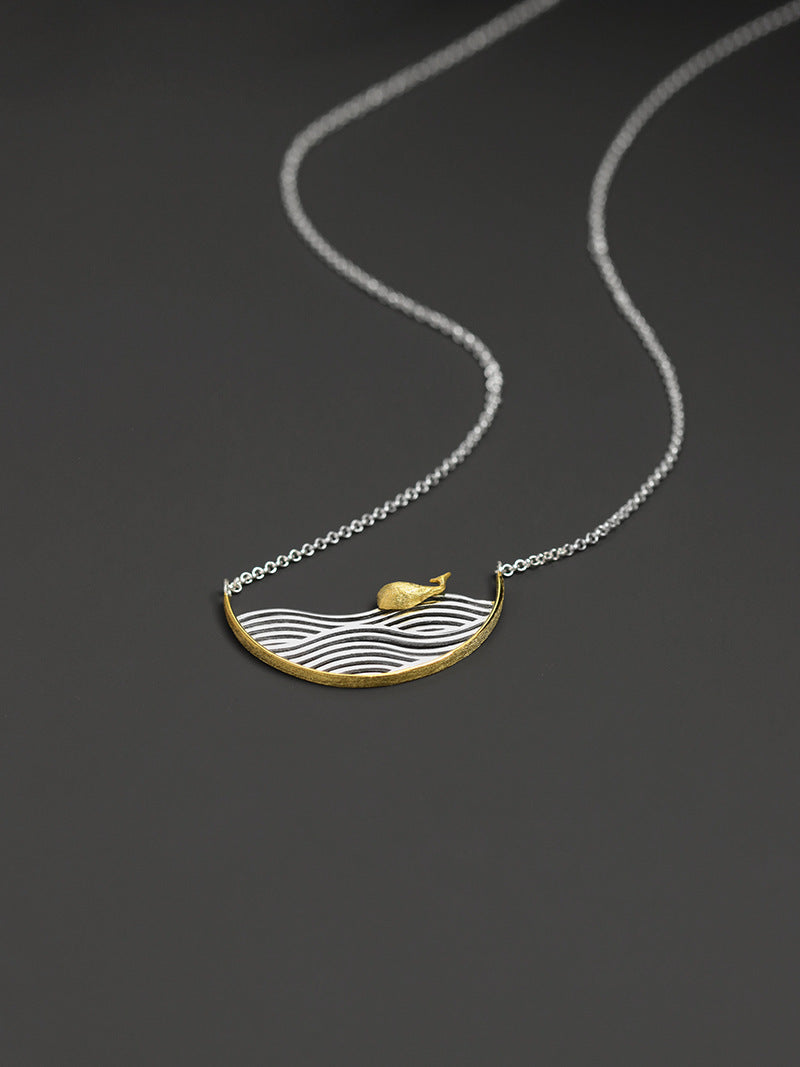 Whale Waves Necklace-Gold Whale Silver Waves Pendant-Swim Whale-Sterling Silver Chain-Summer Statement Jewelry-Gift for her