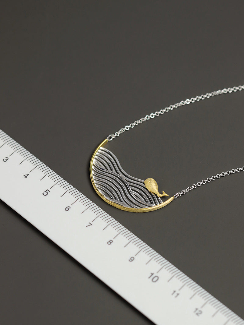 Whale Waves Necklace-Gold Whale Silver Waves Pendant-Swim Whale-Sterling Silver Chain-Summer Statement Jewelry-Gift for her