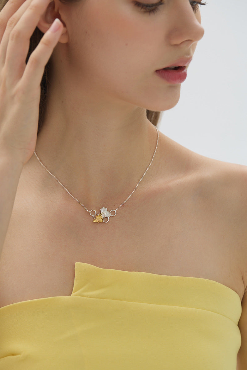 Elegant Bee and Honeycomb Sterling Silver Necklace with White Shell Inlay - Perfect for Birthdays, Anniversaries, and Valentine's Day