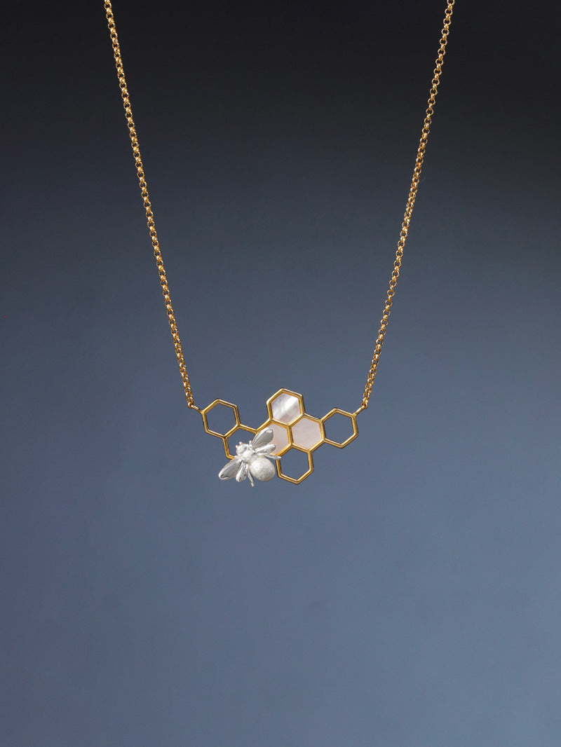Elegant Bee and Honeycomb Sterling Silver Necklace with White Shell Inlay - Perfect for Birthdays, Anniversaries, and Valentine's Day