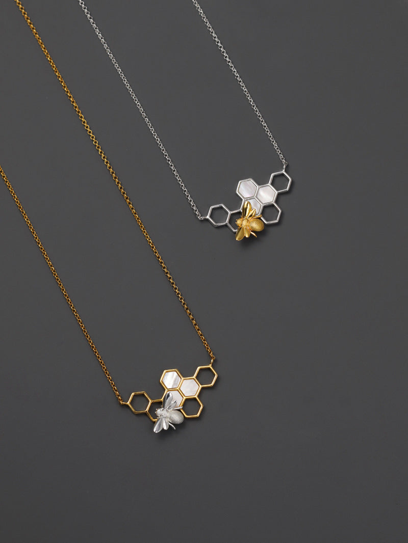 Elegant Bee and Honeycomb Sterling Silver Necklace with White Shell Inlay - Perfect for Birthdays, Anniversaries, and Valentine's Day