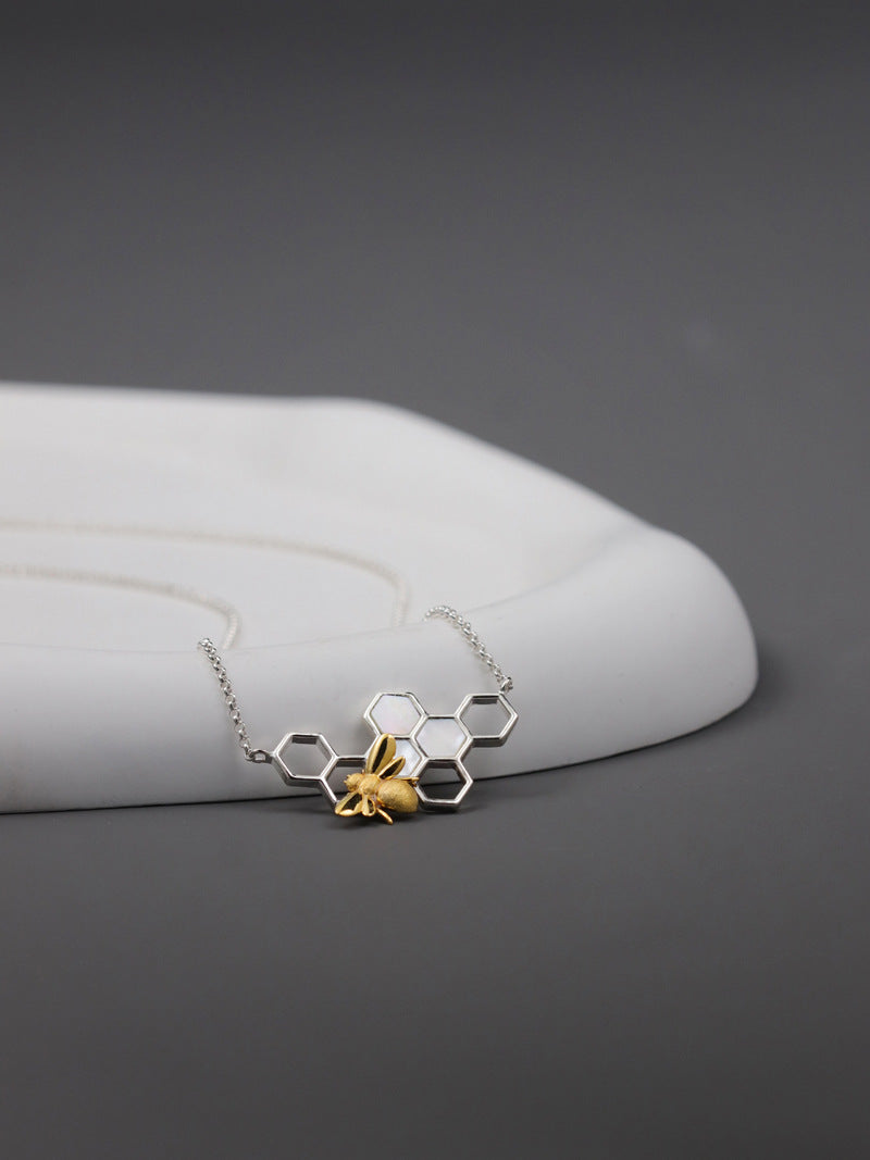 Elegant Bee and Honeycomb Sterling Silver Necklace with White Shell Inlay - Perfect for Birthdays, Anniversaries, and Valentine's Day