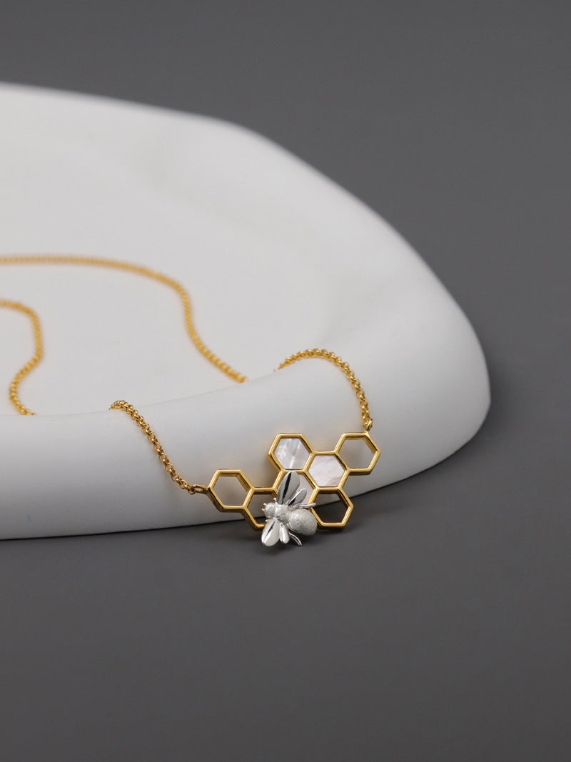 Elegant Bee and Honeycomb Sterling Silver Necklace with White Shell Inlay - Perfect for Birthdays, Anniversaries, and Valentine's Day