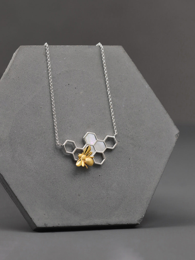 Elegant Bee and Honeycomb Sterling Silver Necklace with White Shell Inlay - Perfect for Birthdays, Anniversaries, and Valentine's Day