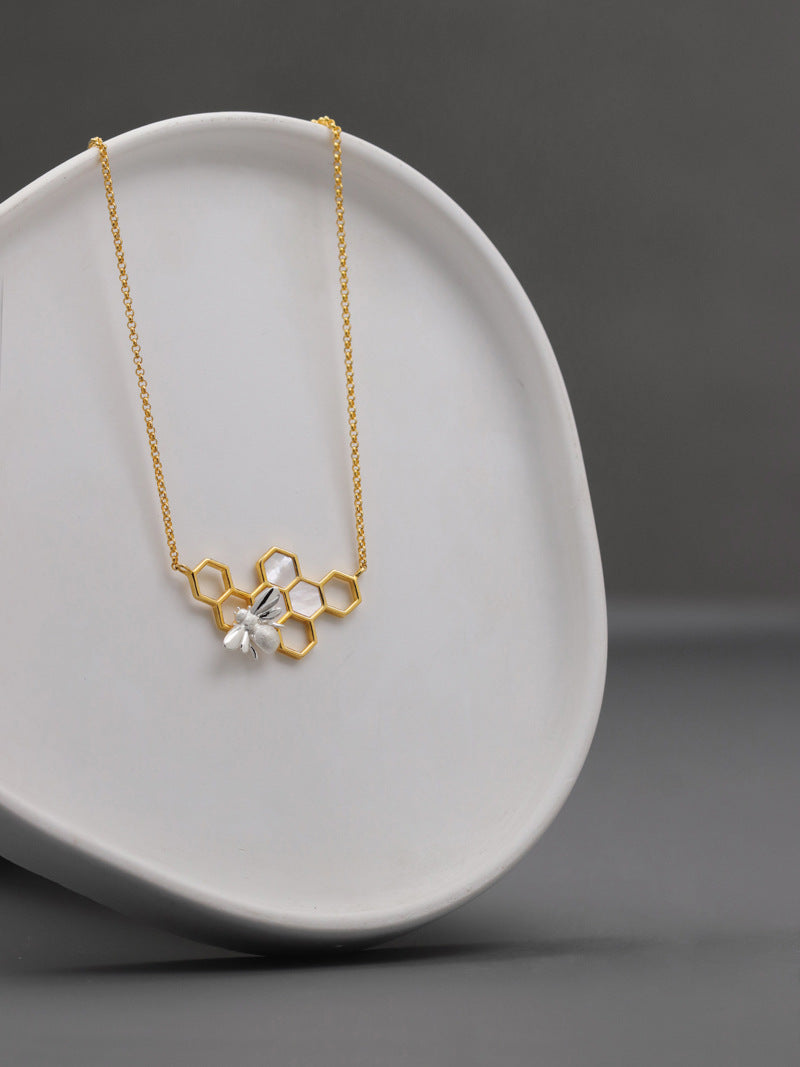 Elegant Bee and Honeycomb Sterling Silver Necklace with White Shell Inlay - Perfect for Birthdays, Anniversaries, and Valentine's Day