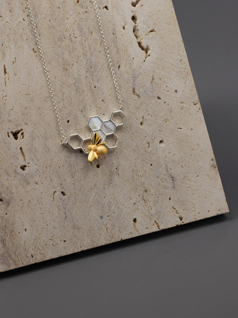 Elegant Bee and Honeycomb Sterling Silver Necklace with White Shell Inlay - Perfect for Birthdays, Anniversaries, and Valentine's Day