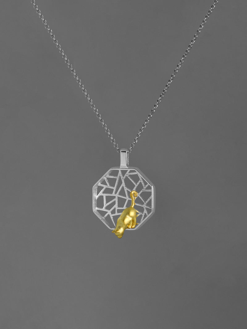 Polygon Window Charm Necklace-Sterling Silver Gold Kitten Pendant-Playing Cat-Cat Jewelry-Cat Lover Gift-Gift for her
