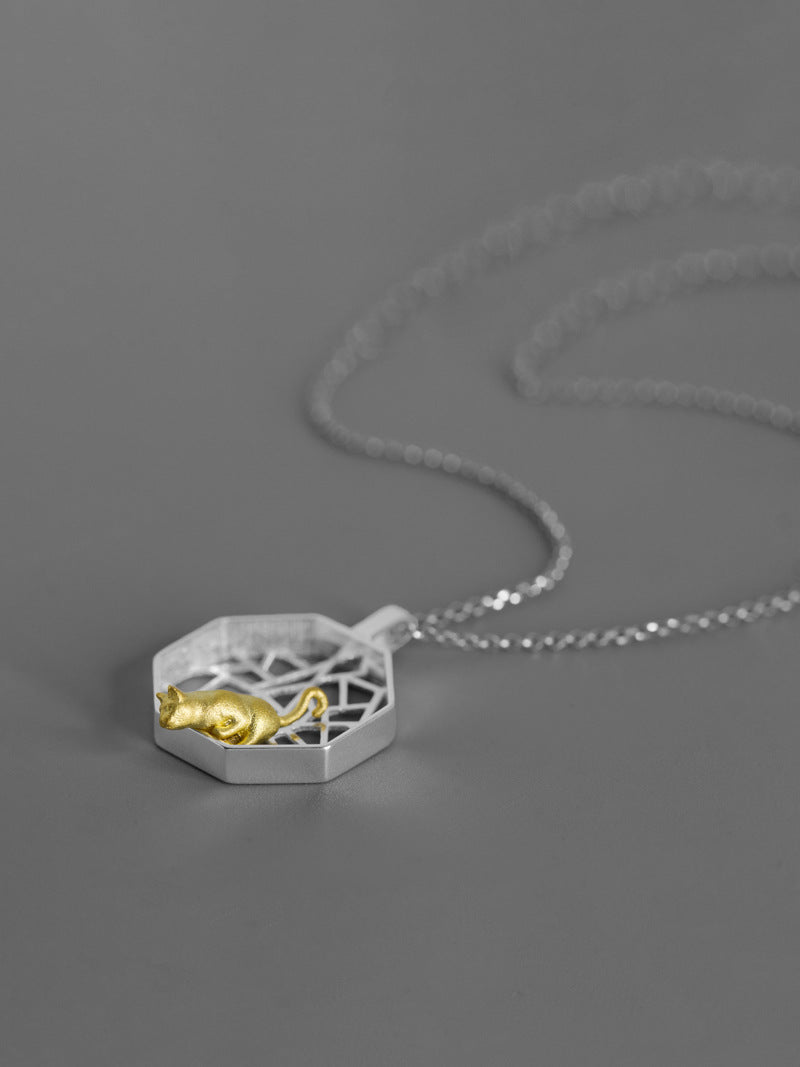 Polygon Window Charm Necklace-Sterling Silver Gold Kitten Pendant-Playing Cat-Cat Jewelry-Cat Lover Gift-Gift for her