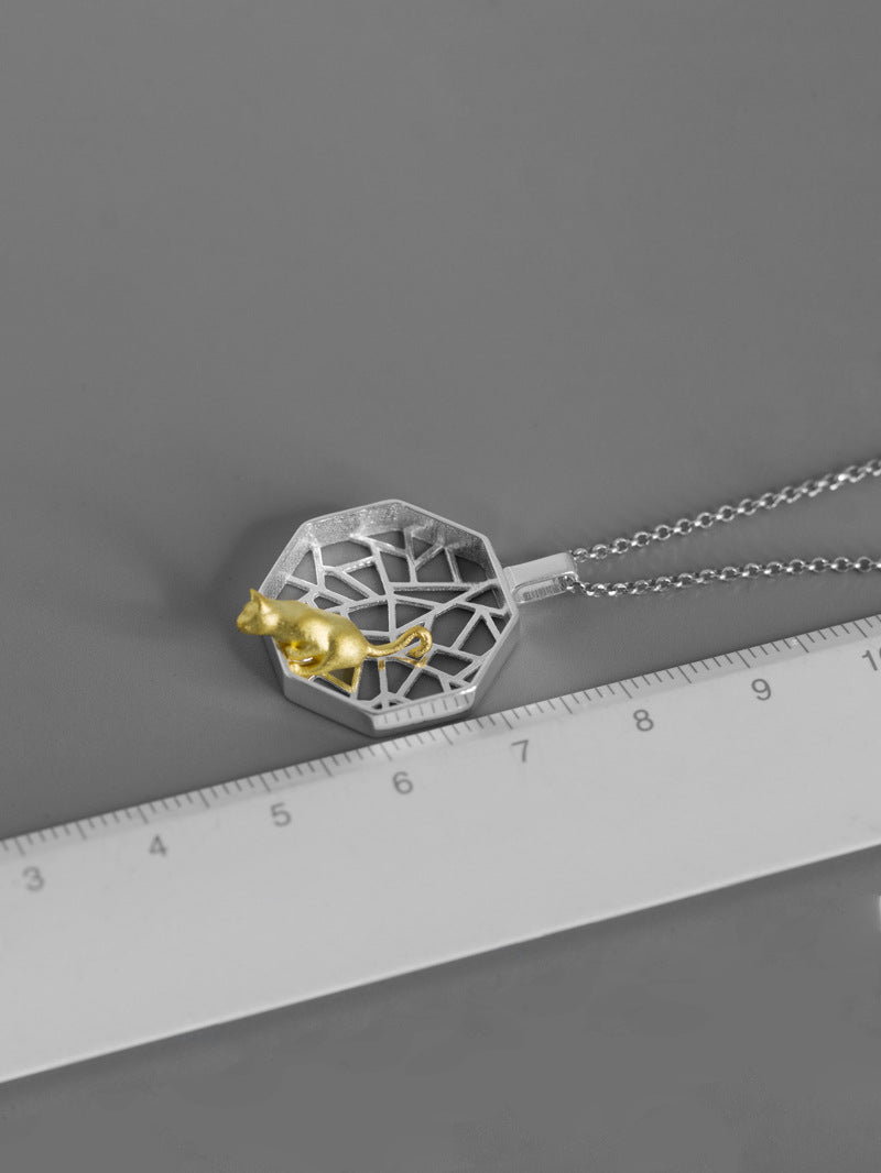 Polygon Window Charm Necklace-Sterling Silver Gold Kitten Pendant-Playing Cat-Cat Jewelry-Cat Lover Gift-Gift for her