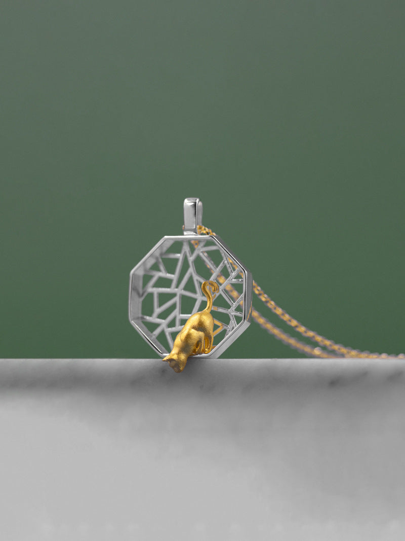 Polygon Window Charm Necklace-Sterling Silver Gold Kitten Pendant-Playing Cat-Cat Jewelry-Cat Lover Gift-Gift for her