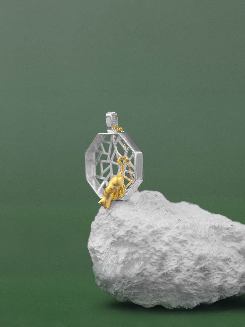 Polygon Window Charm Necklace-Sterling Silver Gold Kitten Pendant-Playing Cat-Cat Jewelry-Cat Lover Gift-Gift for her