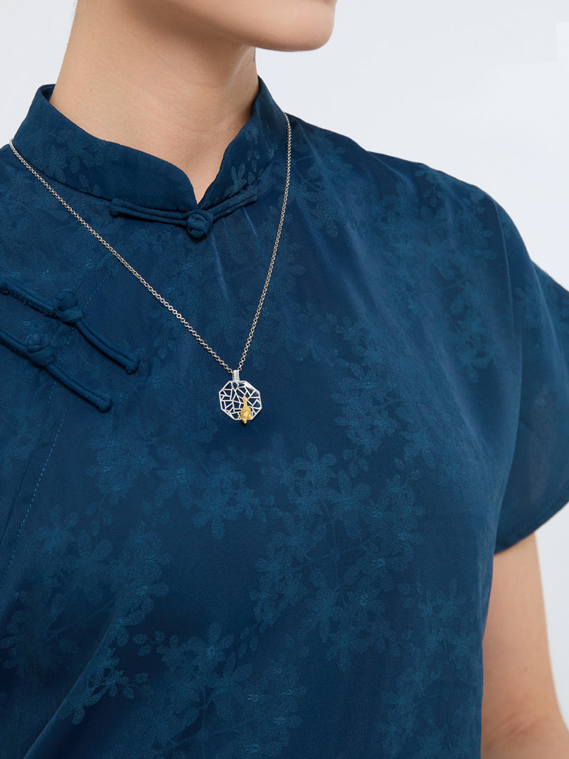 Polygon Window Charm Necklace-Sterling Silver Gold Kitten Pendant-Playing Cat-Cat Jewelry-Cat Lover Gift-Gift for her