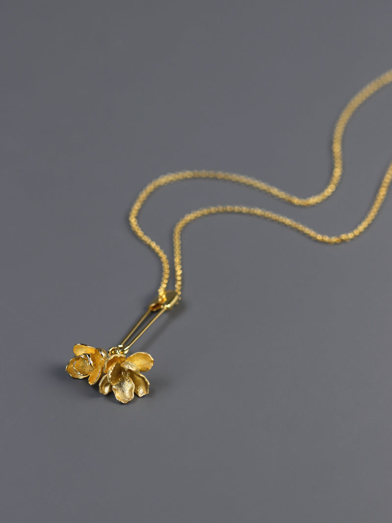 Jasmine Flower Necklace Charm-Sterling Silver Safety Pin Blossom Flower Pendant-Floral Jewelry-Jasmine Jewelry-Gift for her