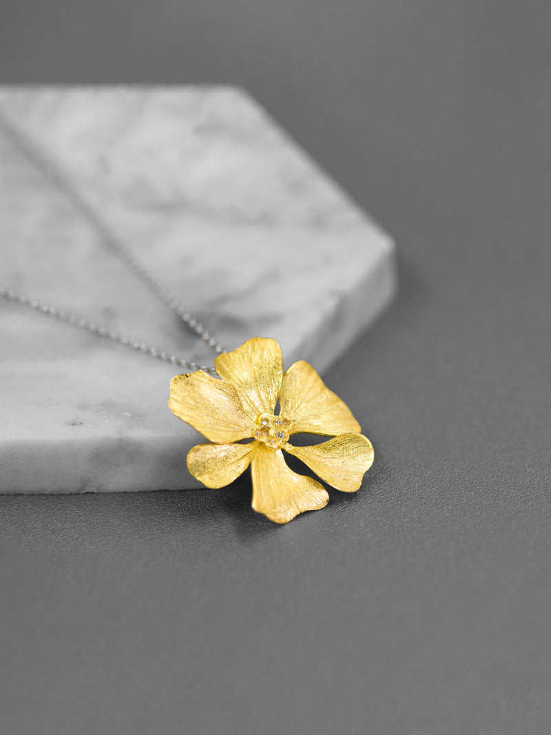 Peony Flower Necklace Charm-Sterling Silver Blossom Flower Pendant-Zircon Flower-Floral Silver Jewelry-Gift for her