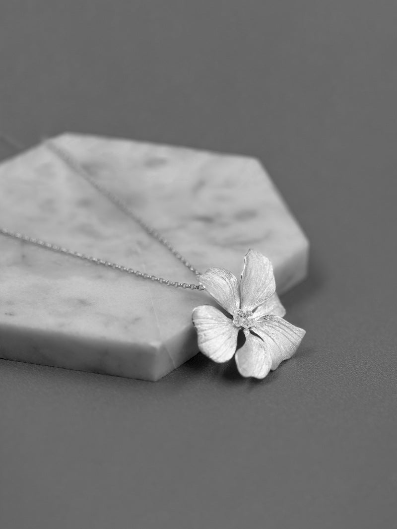 Peony Flower Necklace Charm-Sterling Silver Blossom Flower Pendant-Zircon Flower-Floral Silver Jewelry-Gift for her
