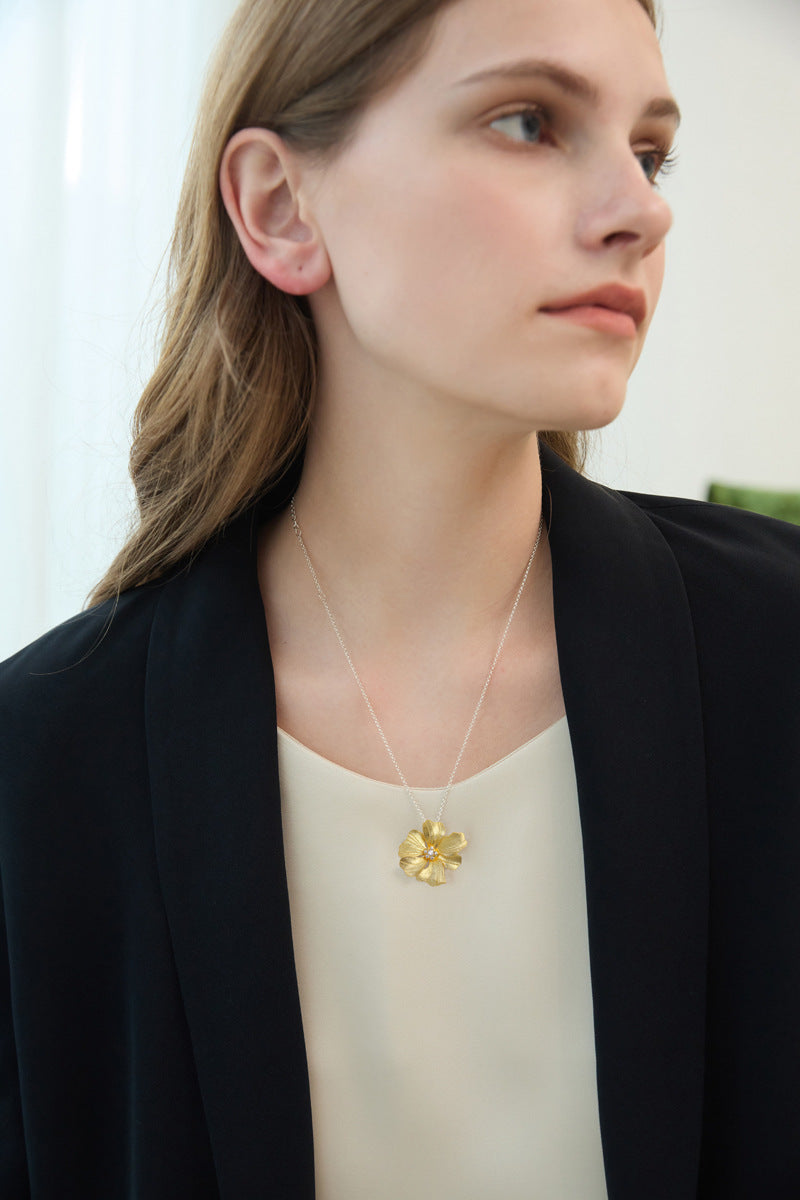 Peony Flower Necklace Charm-Sterling Silver Blossom Flower Pendant-Zircon Flower-Floral Silver Jewelry-Gift for her