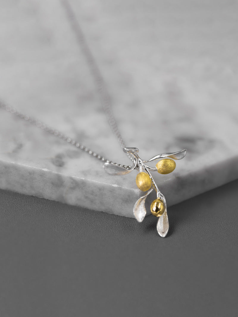 Olive Leaf Branch Necklace Charm-Sterling Silver Olive Twig Pendant-Gold Fruit-Silver Plant Jewelry-Gift for her