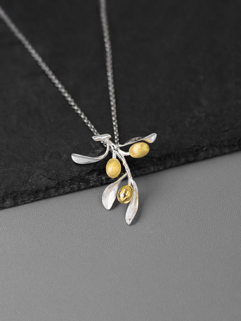 Olive Leaf Branch Necklace Charm-Sterling Silver Olive Twig Pendant-Gold Fruit-Silver Plant Jewelry-Gift for her