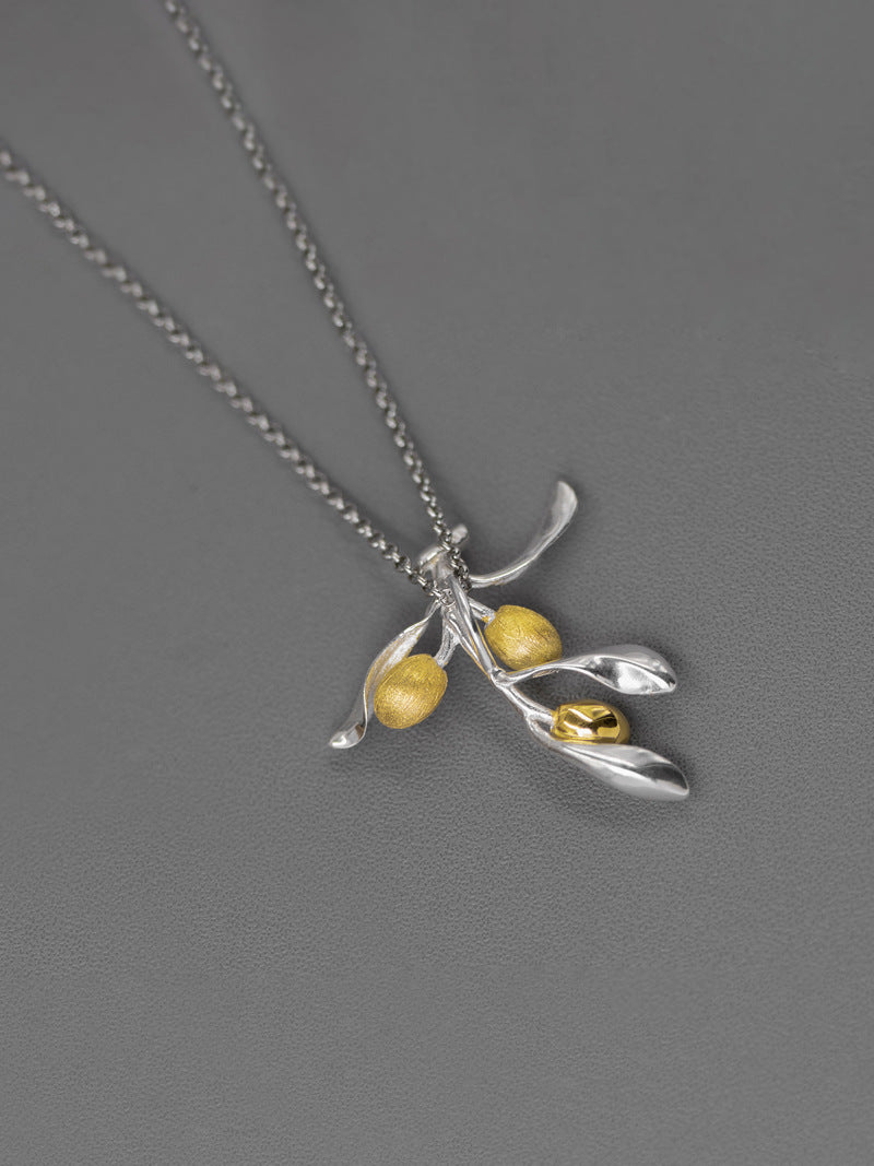 Olive Leaf Branch Necklace Charm-Sterling Silver Olive Twig Pendant-Gold Fruit-Silver Plant Jewelry-Gift for her