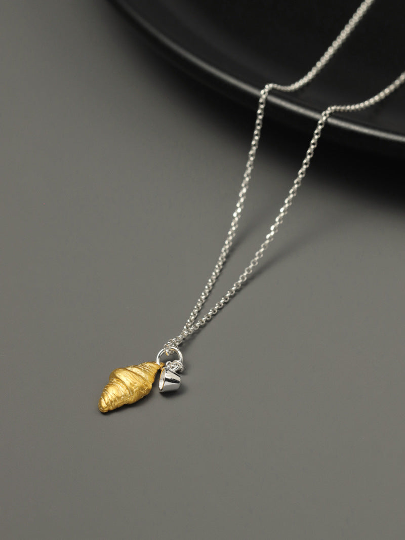 Croissant Coffee Necklace Charm-Sterling Silver Gold Croissant Coffee Cup Pendant-Two Tone-Minimalist Silver Jewelry-Gift for her
