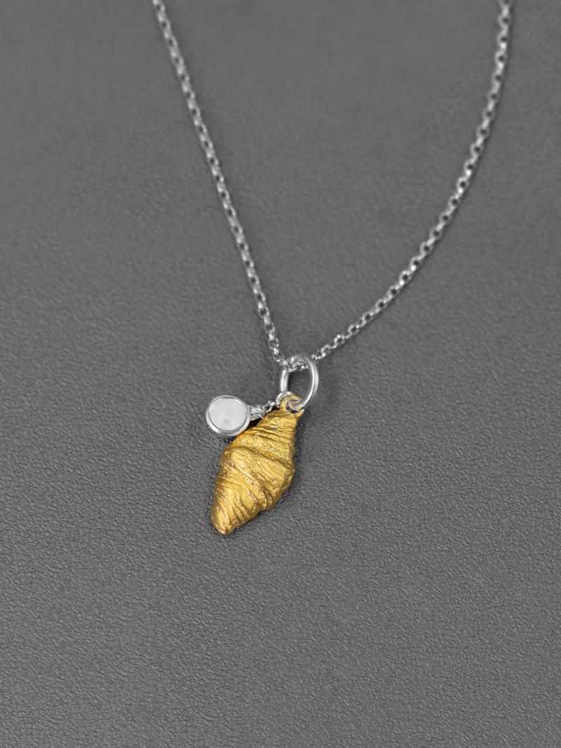 Croissant Coffee Necklace Charm-Sterling Silver Gold Croissant Coffee Cup Pendant-Two Tone-Minimalist Silver Jewelry-Gift for her