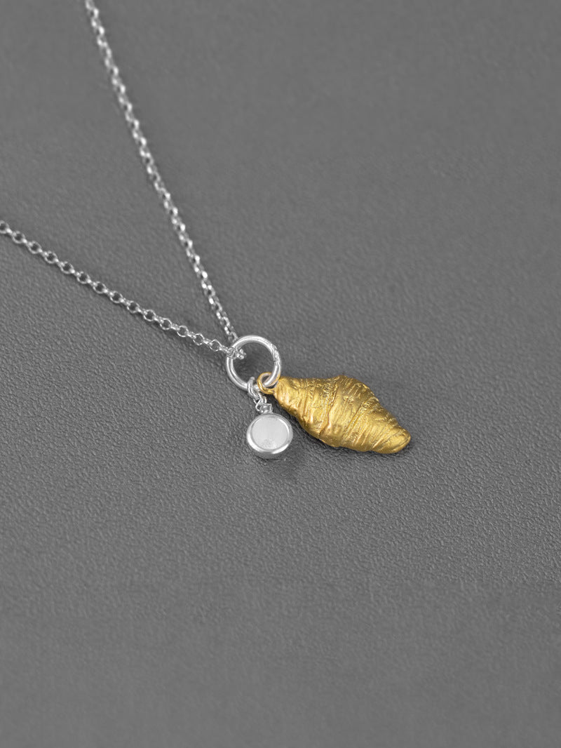Croissant Coffee Necklace Charm-Sterling Silver Gold Croissant Coffee Cup Pendant-Two Tone-Minimalist Silver Jewelry-Gift for her