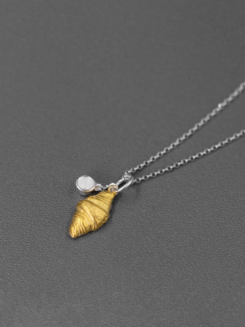 Croissant Coffee Necklace Charm-Sterling Silver Gold Croissant Coffee Cup Pendant-Two Tone-Minimalist Silver Jewelry-Gift for her