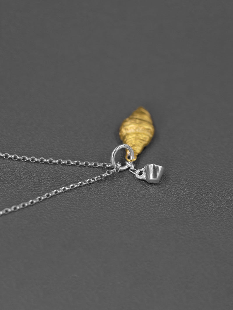 Croissant Coffee Necklace Charm-Sterling Silver Gold Croissant Coffee Cup Pendant-Two Tone-Minimalist Silver Jewelry-Gift for her