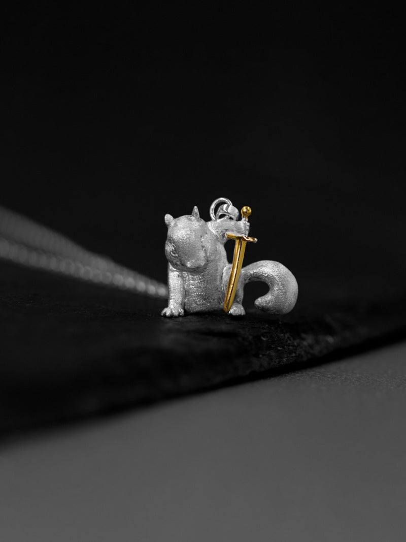 Cute Squirrel Charm Necklace-Sterling Silver Squirrel Hold Sword Pendant-Gold Sword-Cartoon Animal Jewelry-Gift for her