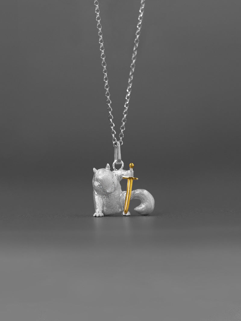 Cute Squirrel Charm Necklace-Sterling Silver Squirrel Hold Sword Pendant-Gold Sword-Cartoon Animal Jewelry-Gift for her