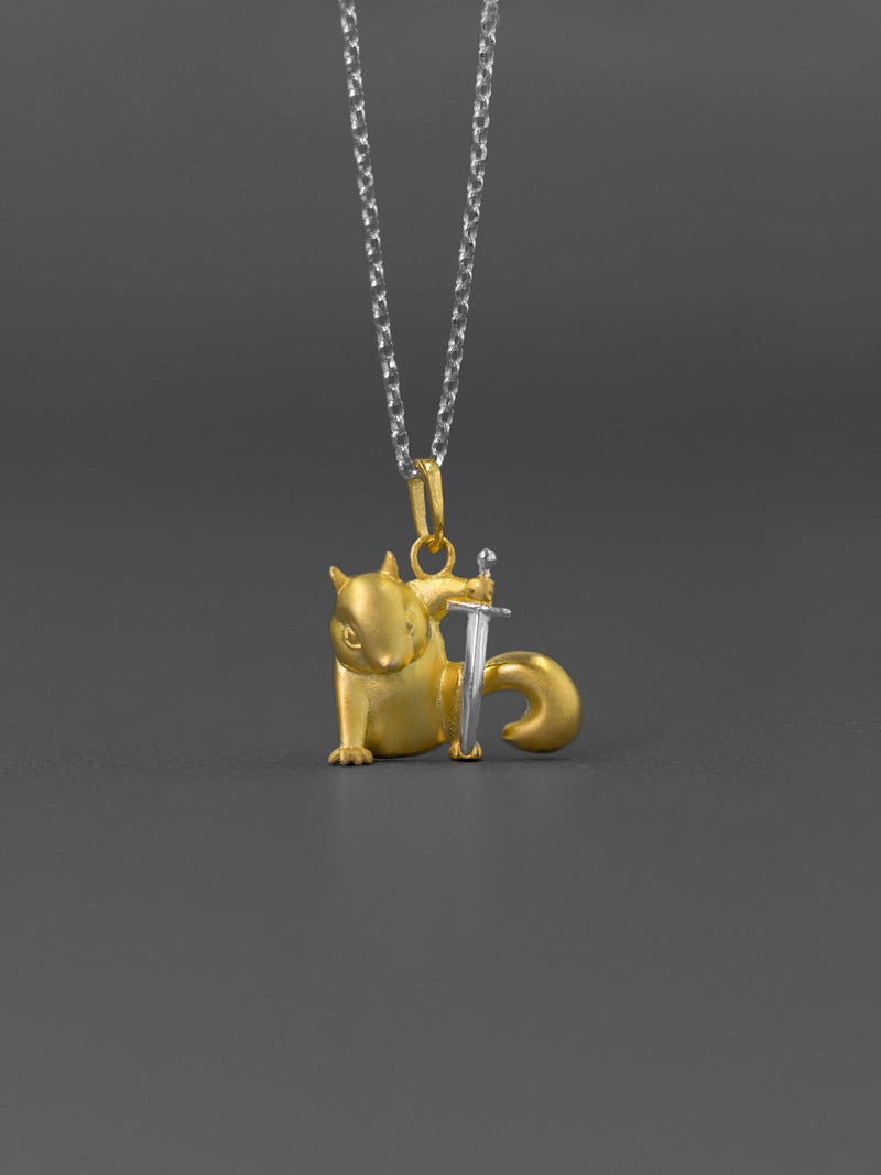 Cute Squirrel Charm Necklace-Sterling Silver Squirrel Hold Sword Pendant-Gold Sword-Cartoon Animal Jewelry-Gift for her