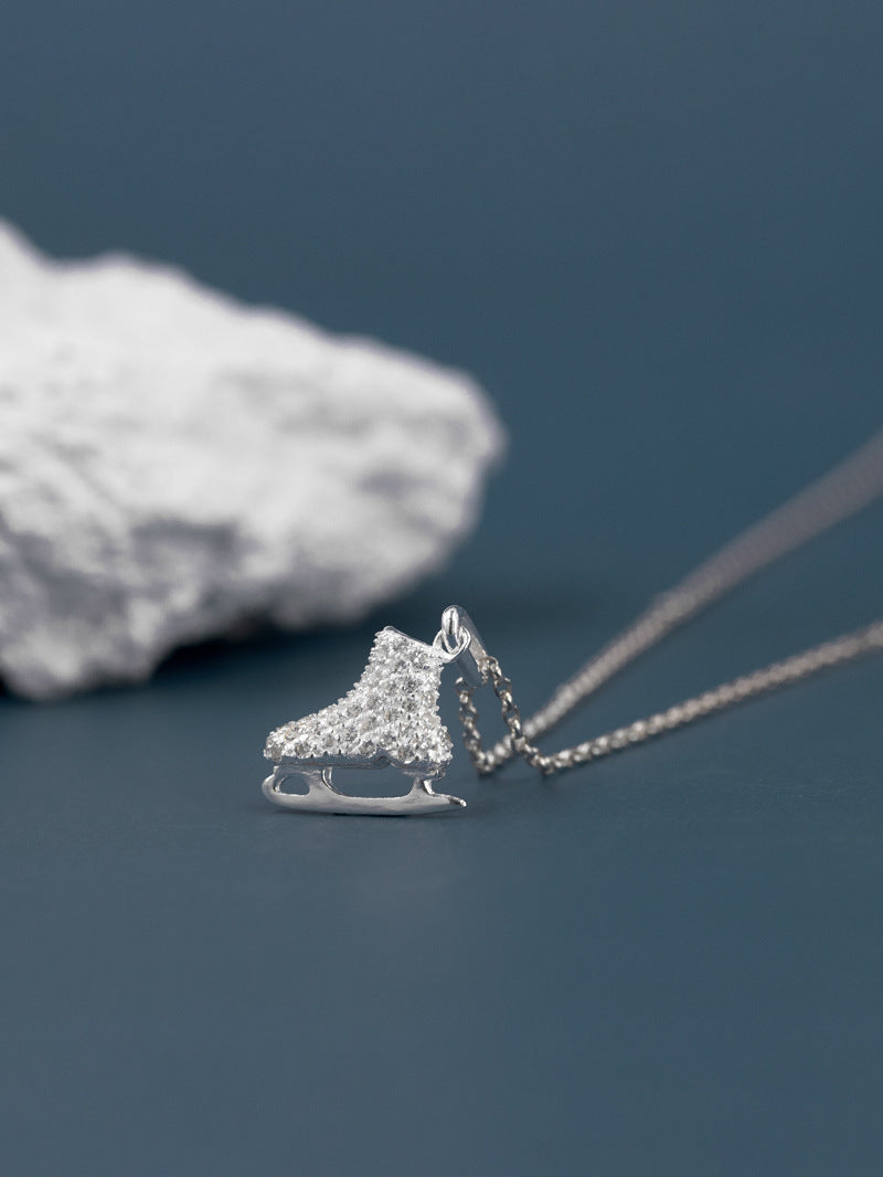 Ice Skates Necklace Charm-Sterling Silver Ice Skates Zircon Pendant-Sparkling Zircon-Ice Sport Jewelry-Gift for her
