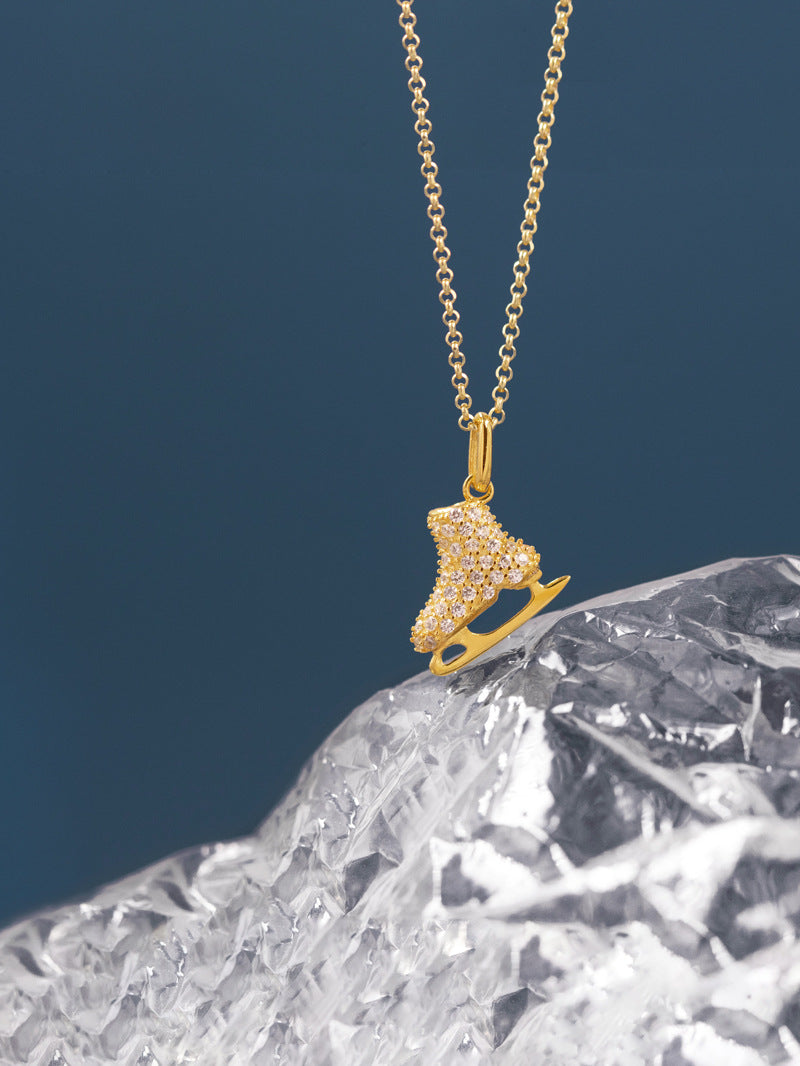 Ice Skates Necklace Charm-Sterling Silver Ice Skates Zircon Pendant-Sparkling Zircon-Ice Sport Jewelry-Gift for her