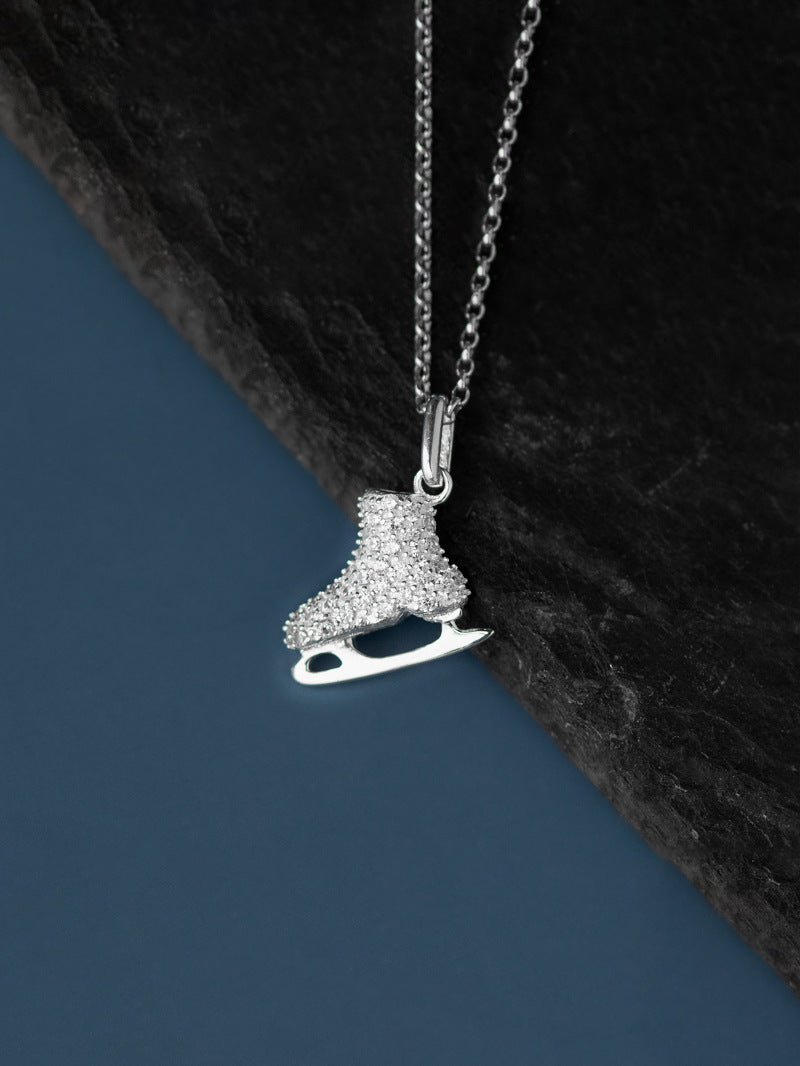 Ice Skates Necklace Charm-Sterling Silver Ice Skates Zircon Pendant-Sparkling Zircon-Ice Sport Jewelry-Gift for her