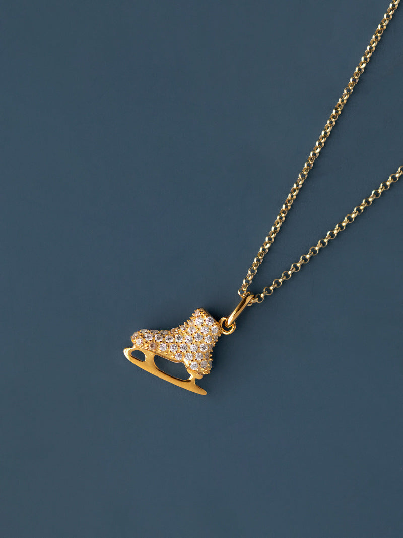 Ice Skates Necklace Charm-Sterling Silver Ice Skates Zircon Pendant-Sparkling Zircon-Ice Sport Jewelry-Gift for her