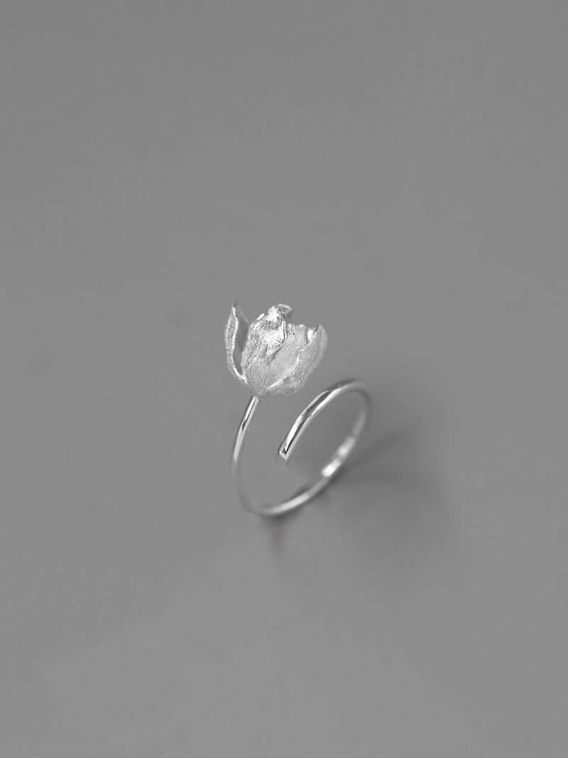 Tulip Flower Ring-Sterling Silver Tulip Blossom Adjustable Open Ring-Floral Silver Jewelry-Gift for her
