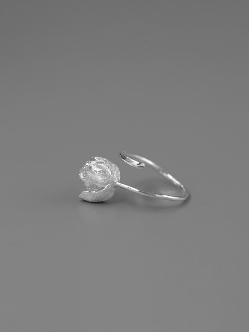 Tulip Flower Ring-Sterling Silver Tulip Blossom Adjustable Open Ring-Floral Silver Jewelry-Gift for her
