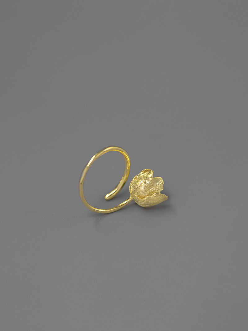 Tulip Flower Ring-Sterling Silver Tulip Blossom Adjustable Open Ring-Floral Silver Jewelry-Gift for her
