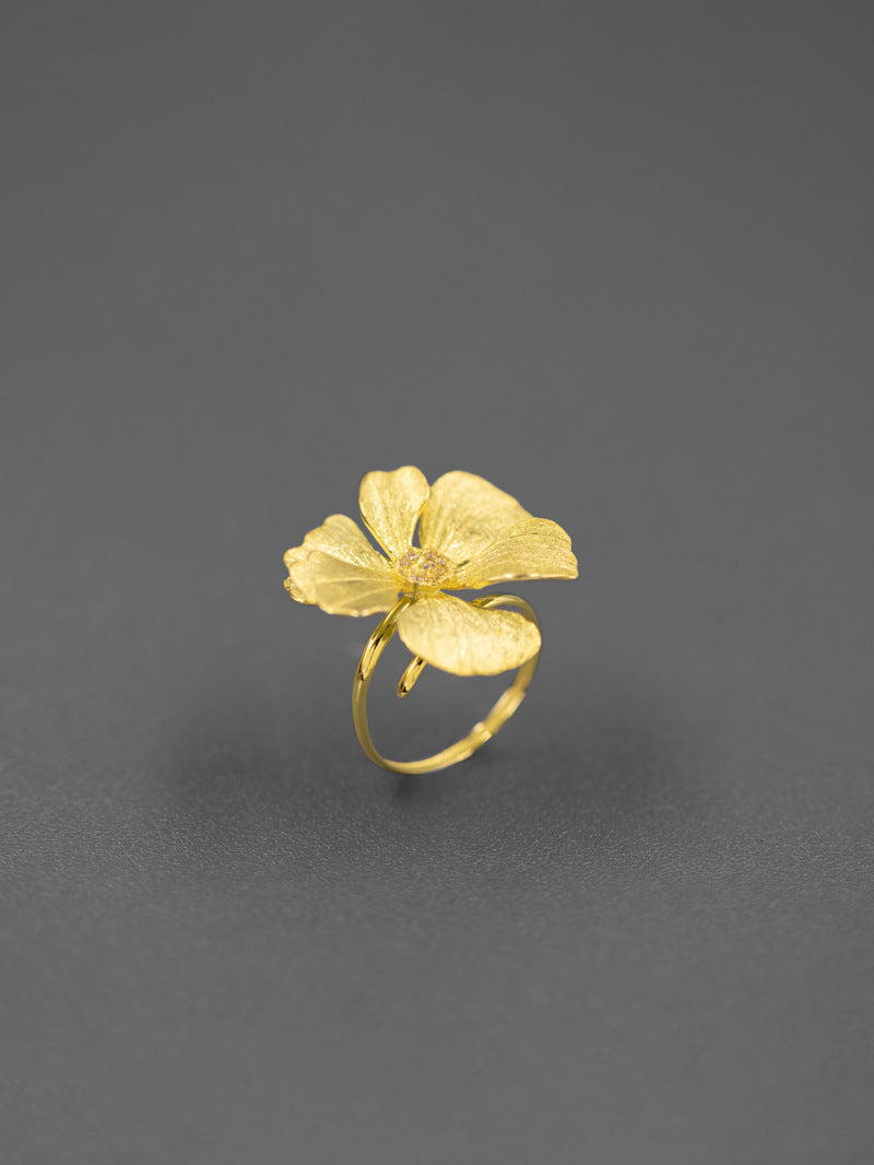 Peony Flower Ring-Sterling Silver Blossom Flower Open Adjustable Ring-Zircon Flower-Floral Silver Jewelry-Gift for her