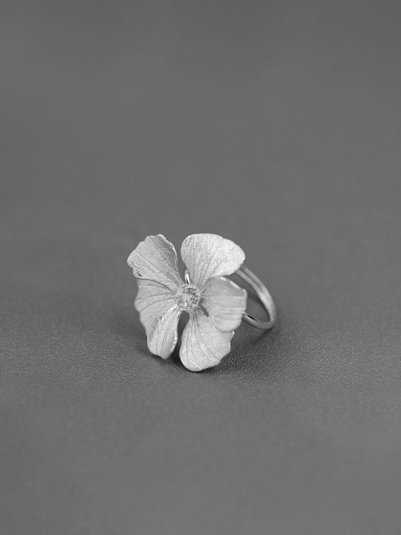 Peony Flower Ring-Sterling Silver Blossom Flower Open Adjustable Ring-Zircon Flower-Floral Silver Jewelry-Gift for her